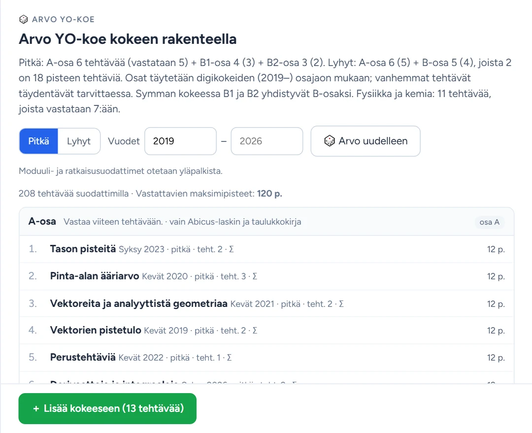 Arvontapaneeli (pitkä matematiikka, vuodet 2019 alkaen): rakenteen kuvaus, tehtävämäärä suodattimilla ja A-osan arvotut tehtävät; B1- ja B2-osa jatkuvat alempana.
